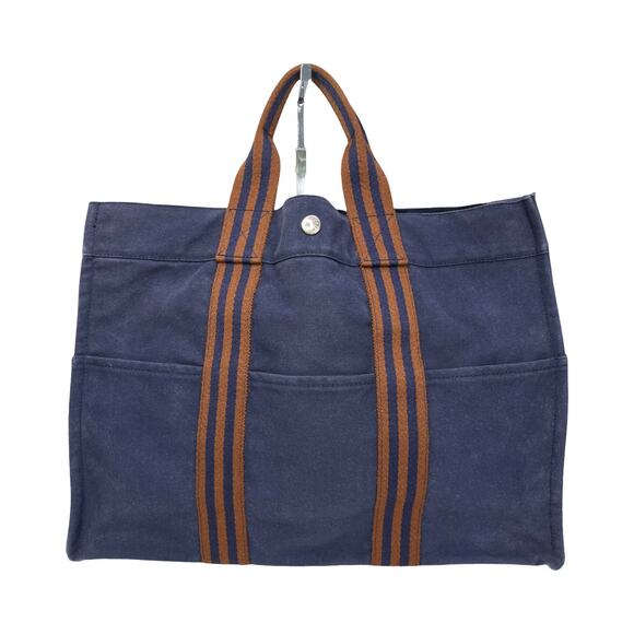 Hermès Fourre Tout MM Navy Blue Canvas Tote Bag with Brown Web Straps - Picture 1 of 16